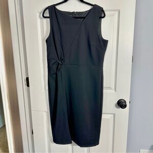 Talbots Black Midi Dress, size 14, asymmetrical neckline, gathered waist, LBD